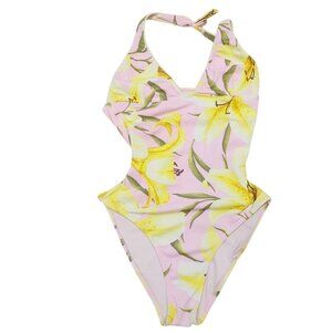 OndadeMar Womens Floral One-Piece Halter Swimsuit Size 8 Pink & Yellow Lily‎